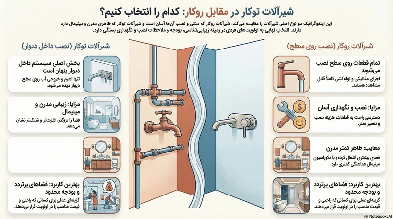 اینفوگرافیک تفاوت شیرآلات توکار و روکار