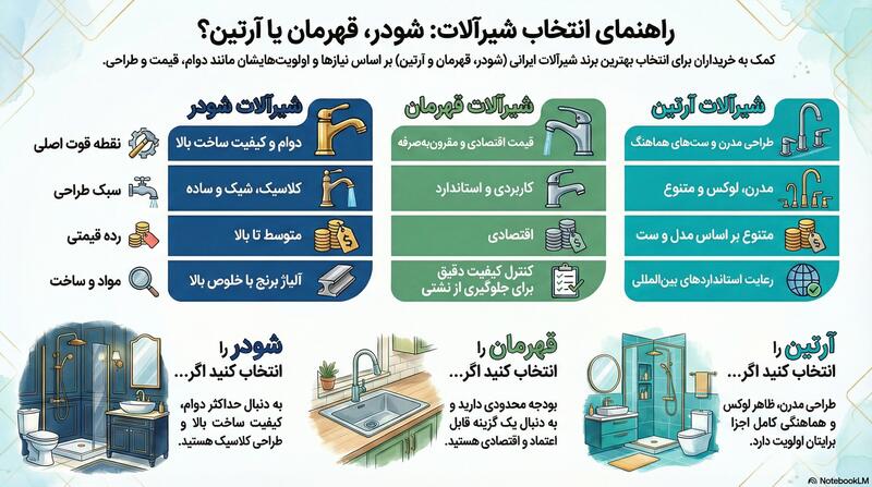 اینفوگرافیک مقایسه شیرآلات شودر و قهرمان و آرتین